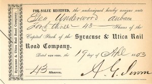 Syracuse and Utica Rail Road Co. signed by Addison G. Jerome - Stock Transfer Receipt